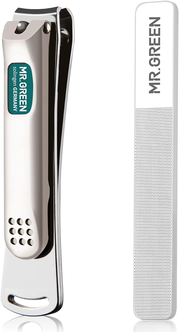 MR.GREEN Nail Clippers Curved Blades Fingernail Cut Nippers Manicure Scissors Stainless Steel Pedicure Tools (Large+Glass File)