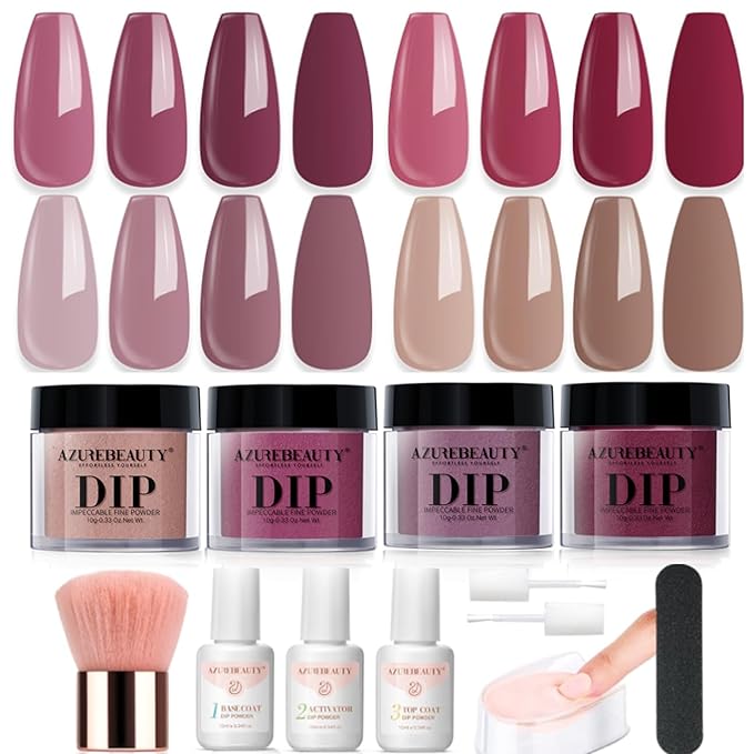 4 Colors Dip Nails Powder Kit, AZUREBEAUTY Fall Winter Brown Purple Dipping Powder Starter Set with Base & Top Coat Activator Recycling Tray for French Nail Art Manicure Salon DIY at Home