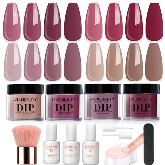 4 Colors Dip Nails Powder Kit, AZUREBEAUTY Fall Winter Brown Purple Dipping Powder Starter Set with Base & Top Coat Activator Recycling Tray for French Nail Art Manicure Salon DIY at Home