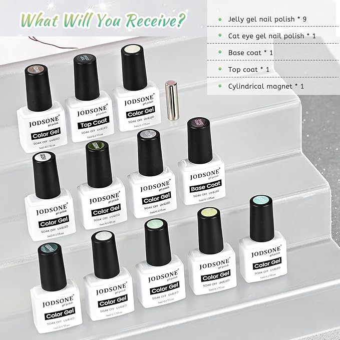 JODSONE 9 Cyan Colors Jelly Gel Nail Polish Set with Base Coat Top Coat Women's Holiday Gifts