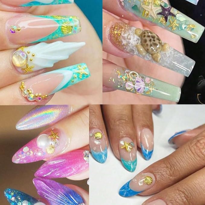 6 Grids Summer Ocean Metal Nail Art Charms 3D Beach Gold Seashell Starfish Nail Charms for Acrylic Nails Sparkling Golden Seahorse Conch Nail Art Jewelry for Women Manicure Decoration Accessory