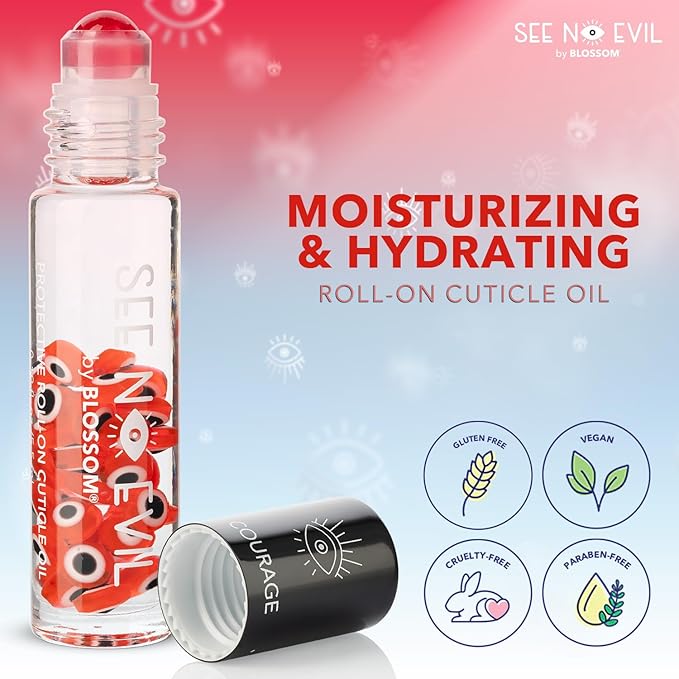 Blossom Cuticle Oil, See No Evil Scented Roll on Cuticle Oil for Nails, Rollerball Application for Nail Support, Cruelty Free, 0.19oz, Courage Rose