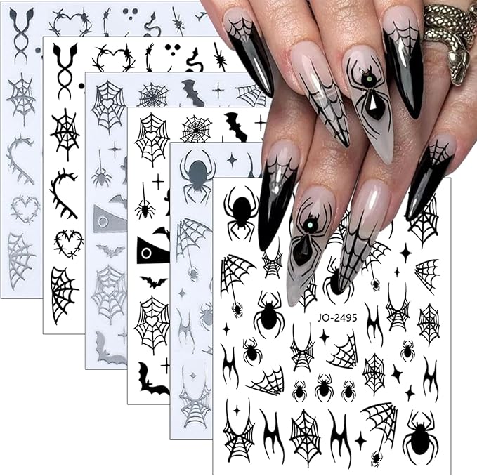 6 Sheet Halloween Nail Stickers Spider Web Spiders Nail Decals 3D Self-Adhesive Design Spooky Bat Snake Skull Nail Art Stickers Silver Black Scary Ghost Nail Art Supplies for Halloween Nail Decoration