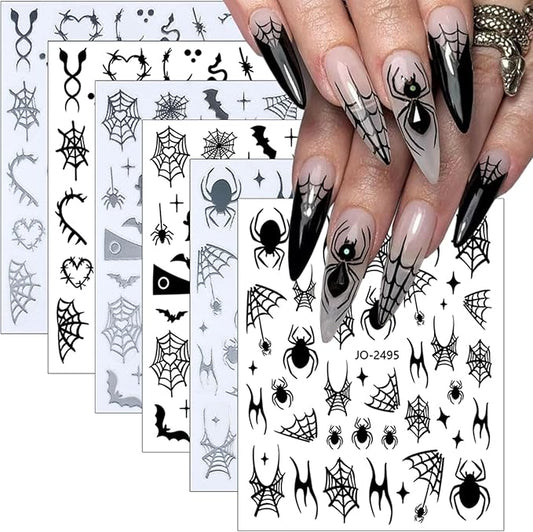 6 Sheet Halloween Nail Stickers Spider Web Spiders Nail Decals 3D Self-Adhesive Design Spooky Bat Snake Skull Nail Art Stickers Silver Black Scary Ghost Nail Art Supplies for Halloween Nail Decoration