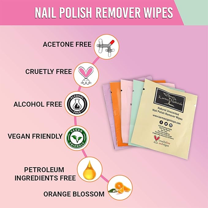 Karma Organic Natural Nail Polish Remover Pads/Wipes with Soybean Oil, Bundles Non-Toxic Vegan and Cruelty Free – bundle of 5/50 Wipes