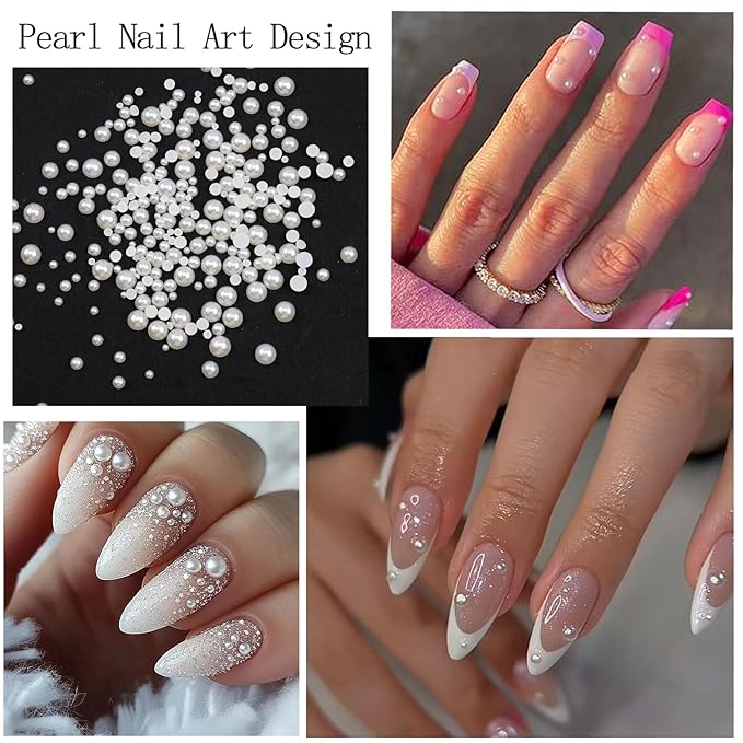 Nail Art Pearls with Rhinestones Glue Gel Flatback Pearls Nail Charms Gold Nails Supplies Accessories Silver Nails Gems Jewelry Pearl for Women