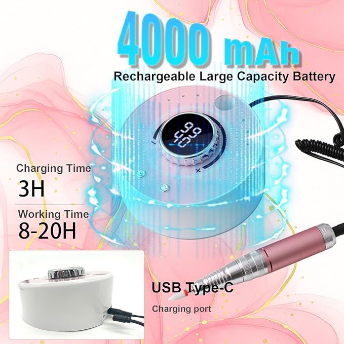 Electric Nail Drill File, Professional 40000RPM Nail E-File Drill, Rechargeable Cordless Nail Drill with Bits & Base for Acrylic Nails Remove Nail Gel Polish Manicure for Home Salon Use (Pink)