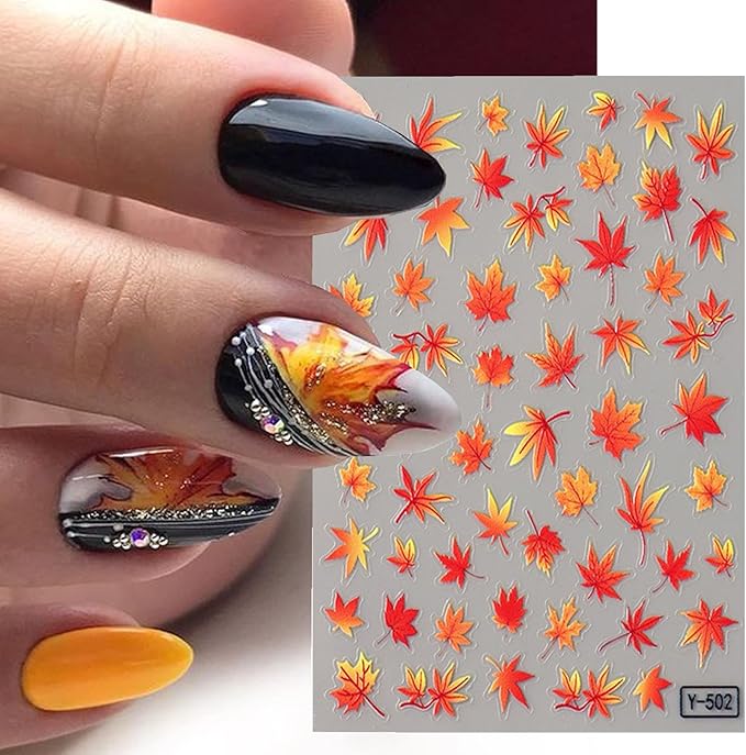 Fall Maple Leaves Nail Stickers for Nail Art Thanksgiving Autumn and Winter Maple Leaf Gradient Maple Leaf Nail Art Designs 3D Self-Adhesive Decals for Women Nail Decoration Supplies 2 Sheets