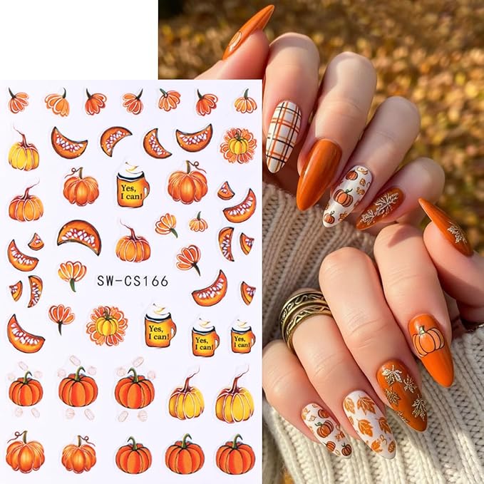Pumpkin Nail Art Stickers Fall Maple Leaf Nail Decals 6 Sheets 3D Self-Adhesive Maple Leaves Pumpkin Nail Design Nail Art Supplies Fall Stickers for Nails Women DIY Manicure Decorations Accessories