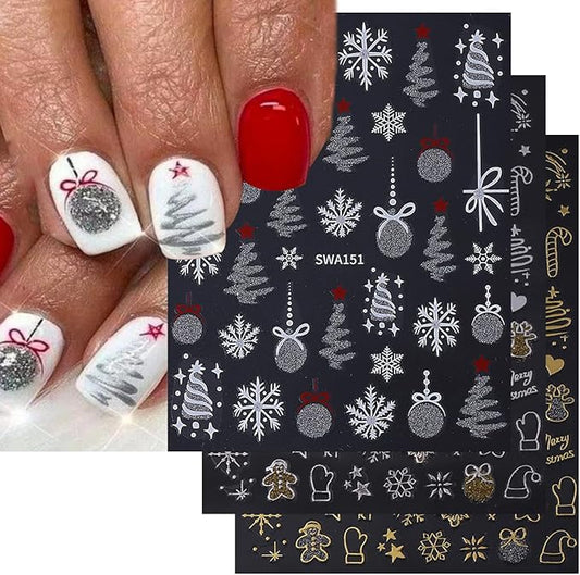 3 Sheets Christmas Nail Art Stickers Snowflake Nail Decals with Xmas Tree Elk Lanterns Design 3D Self-Adhesive Nail Stickers Acrylic Accessories Nail Supplies for Women DIY Christmas Decorations