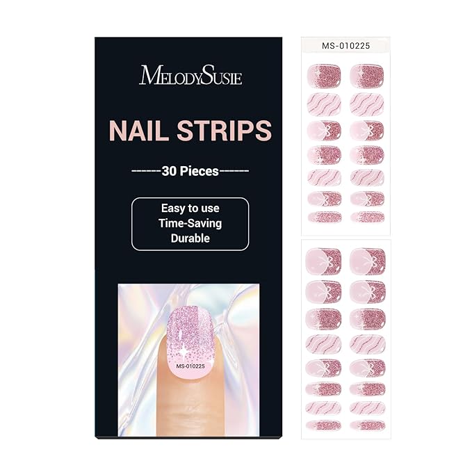 MelodySusie 30PCS Semi Cured Gel Nail Strips (Sweetie Pink Glitter), Works with Nail lamp, Salon Quality, Long Lasting, Easy to Apply and Remove, Includes 2 Prep Pads, Nail File and Wooden Stick