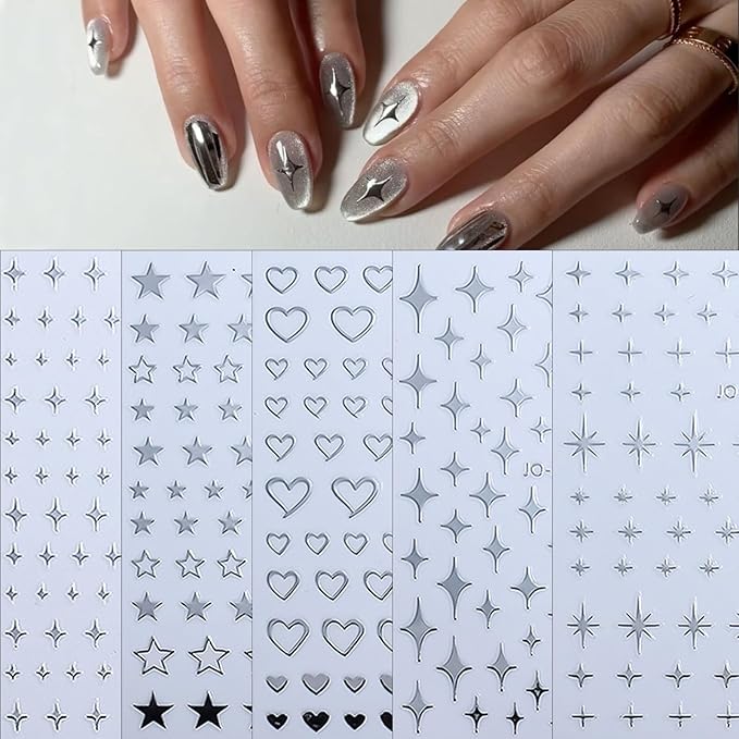6 Sheets Metallic Mirror Star Nail Art Stickers 3D Shiny Silver Hollow Out Heart Nail Decals French Silver Glitter Star Moon Nail Designs Sticker for Women DIY Manicure Decoration