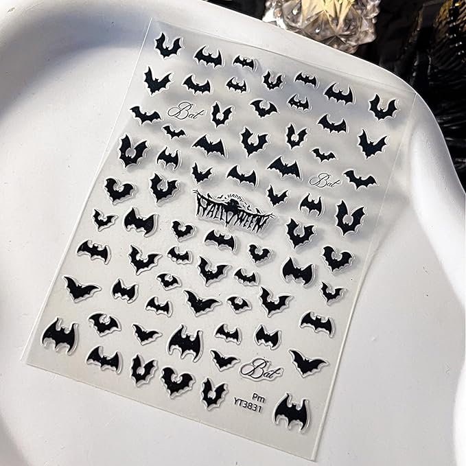 Halloween Bat Nail Stickers for Nail Art Bat Nail Art Design Decals 3D Self-Adhesive Black Bats Nails Art Stickers Halloween Manicure Decoration Sticker for Women DIY Acrylic Nails