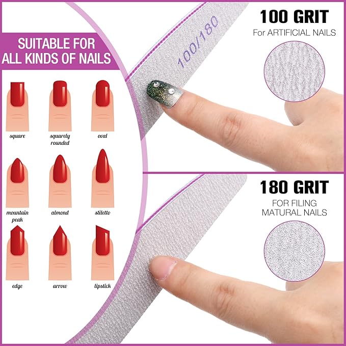 150 Pcs 100/180 Grits Nail Files Bulk Doubled Sided Emery Boards Reusable Curved Coarse Nail Buffers Manicure Tools for Acrylic Natural Toenails Home and Salon Use