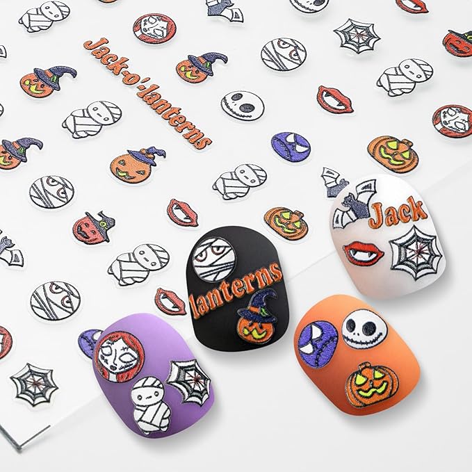 Halloween Nail Stickers for Nail Art - Cute Ghost Nail Art Sticker Halloween Pumpkin 5D Embossed Nail Decals Self-Adhesive Nails Supply Manicure Stickers for Nails Decoration