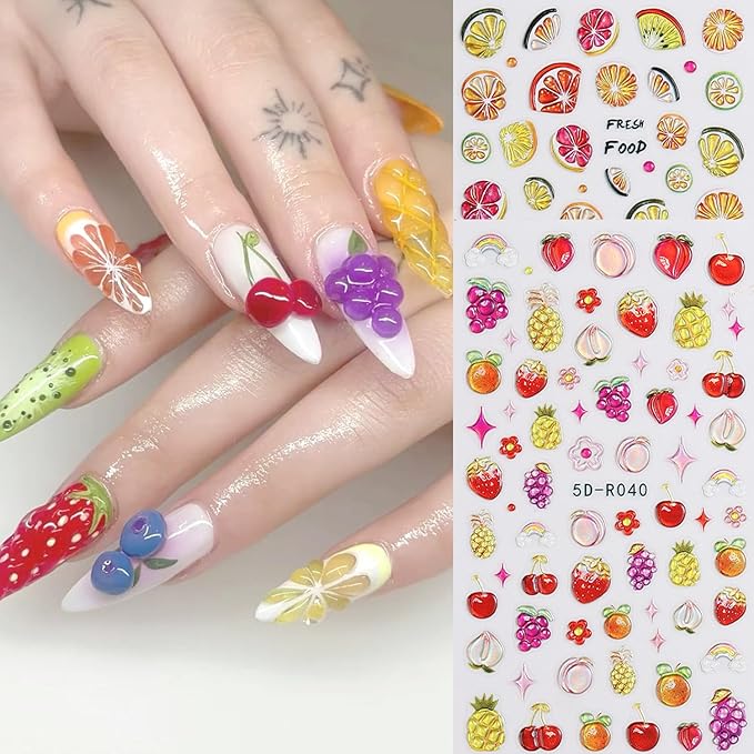 2Sheets Summer Fruit Nail Art Stickers 5D Embossed Colorful Lemon Designs Nail Decals Self-Adhesive Cute Strawberry Cherry Nail Sticker Cute Flower Star Nail Decal for Women Nails Decor Accessories