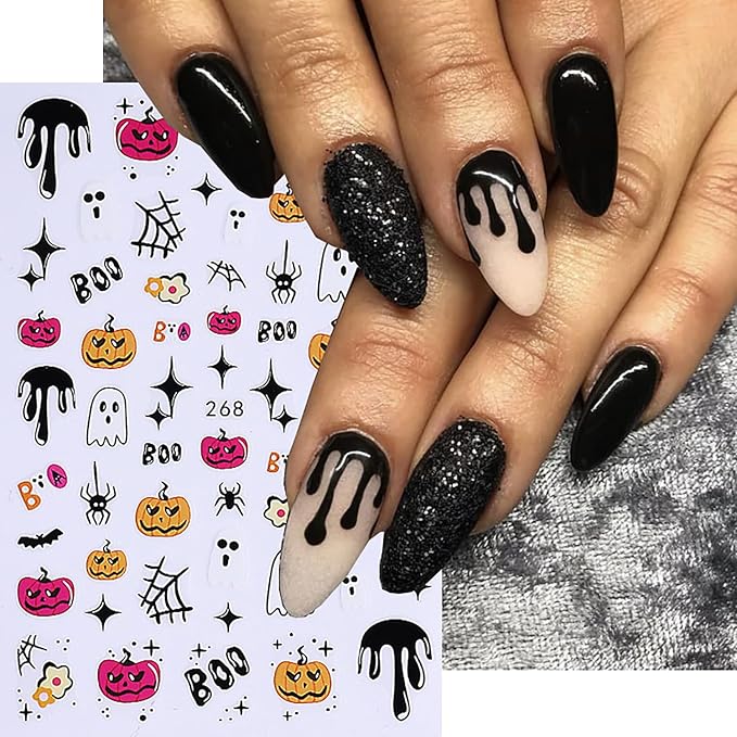 5 Pcs Halloween Nail Art Stickers,Pumpkin Spider Webs and Cute Ghost Designs 3D Self-Adhesive Nail Decals Skull Bat Halloween Nail Decorations DIY Manicure Supplies for Women Girls