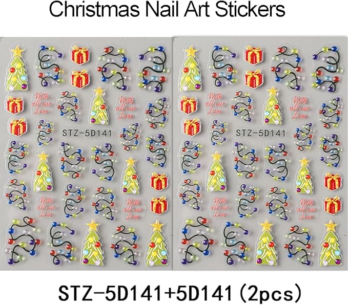 Christmas Nail Art Stickers 5D Embossed Light String Nail Decals with Xmas Tree Gifts Design Color Light Nail Stickers Acrylic Nail Supplies for Women DIY Christmas Decorations 2 Sheets
