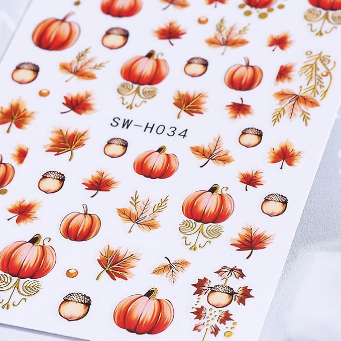 6Pcs Fall Nail Stickers Thanksgiving Pumpkin Nail Decals DIY Self Adhesive Maple Leaves Nail Design Sticker Autumn Nail Decoration Supplies Manicure Accessories for Women Girls