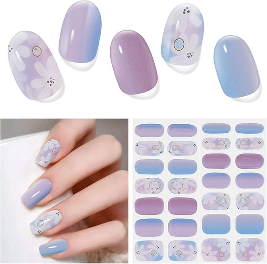 28pcs Semi Cured Gel Nail Strips, Gel Nail Stickers Kit Work with Any UV Lamps, Long Lasting Nails Wraps for Women, Easy to Use and Remove (Camellia Sea)