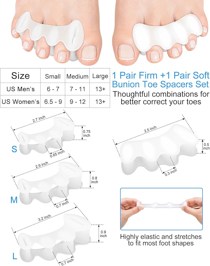 2 Pair Bunion Toe Separators Toe Spacers for Feet Women Men to Correct Their Toes, Foot Alignment, Silicone Toe Spreaders Toe Straightener for Hammertoe, Curled Toes (M, 2 Firm+2 Soft)