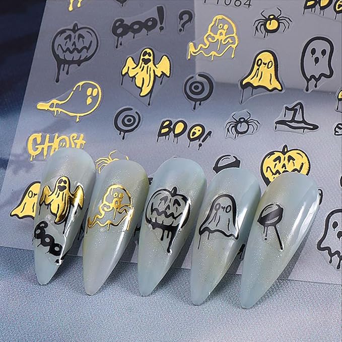 8PCS Halloween Nail Stickers for Nail Art - 3D Metallic Spider Web, Ghost, Pumpkin, Skull, Stars, Cat Designs - Black Gold DIY French Manicure Decor