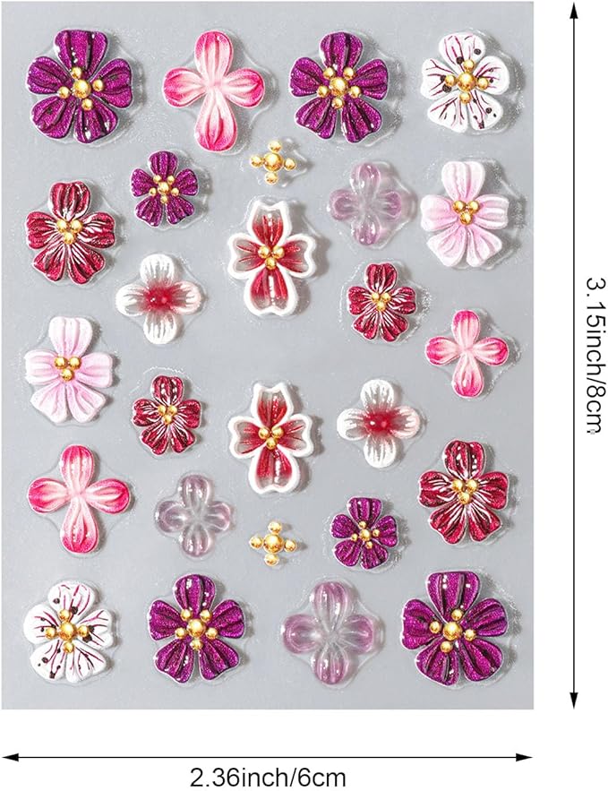 2 Sheets Flower Nail Stickers for Nail Art, 5D Embossed Hibiscus Nail Decals Self Adhesive Spring Summer Floral Nail Supplies for Women Girls Manicure Decoration