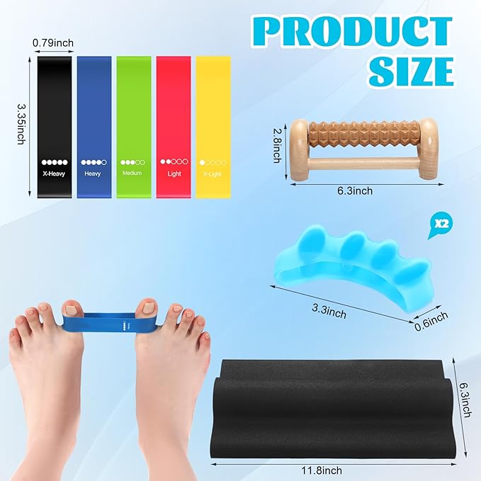 8 Pcs Toe Stretcher Kit Includes Foot Stretcher Pad Foot Roller Toe Separators and Bands for Bunions, Hallux Valgus Corrector for Women Men, Heel Spurs Tendonitis Relief Set