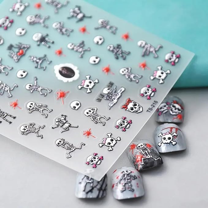 Halloween Skull Nail Art Stickers Decals 5D Embossed Skeleton Nail Decals Self-Adhesive Bloody Skull Heart Nail Art Supplies Horror Hand Bones Halloween Nail Stickers for Women Manicure Decoration