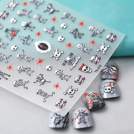 Halloween Skull Nail Art Stickers Decals 5D Embossed Skeleton Nail Decals Self-Adhesive Bloody Skull Heart Nail Art Supplies Horror Hand Bones Halloween Nail Stickers for Women Manicure Decoration