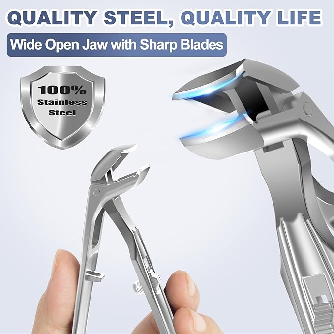 Toenail Clippers for Seniors Thick Nails - Angled Head Nail Clippers with Catcher, Mess Free Wide Jaw Sharp Blade Toe Nail Clippers