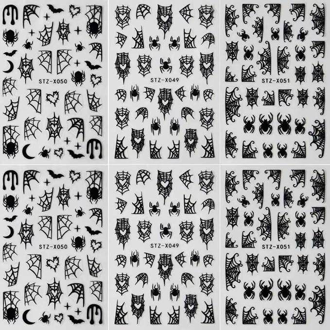 6Pcs Halloween Nail Stickers Spider Web Nail Decals DIY Self Adhesive Cobweb Nail Design Halloween Nail Decoration Supplies Holiday Manicure Accessories for Women