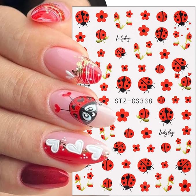 6Sheets Spring Nail Art Stickers Decals 3D Self Adhesive Ladybug Nails Decals Red Flower Nail Stickers Summer Insect Animal Floral Nails Design Sticker Cute Manicure Supplies for Women Girl DIY Charms