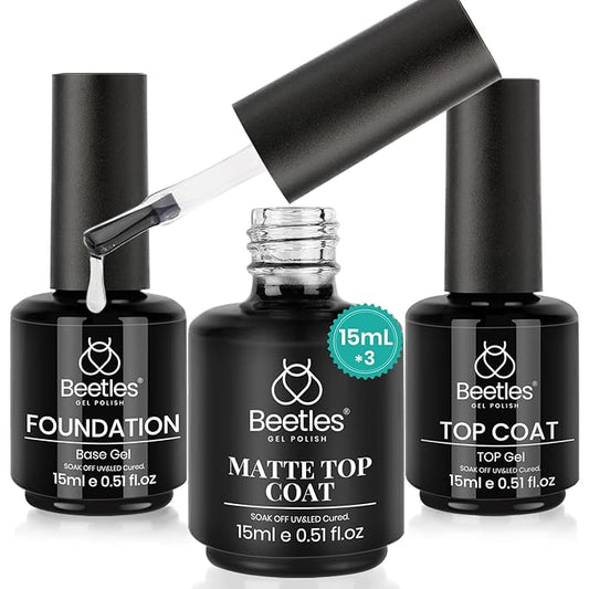 Beetles Matte Gel Top Coat No Wipe Top Coat Gel Nail Polish & Base Coat Set, 3Pcs 15ml Nail Polish Long Lasting Basic Combination, Soak Off LED Nail Lamp Art DIY Design Gifts for Women Her