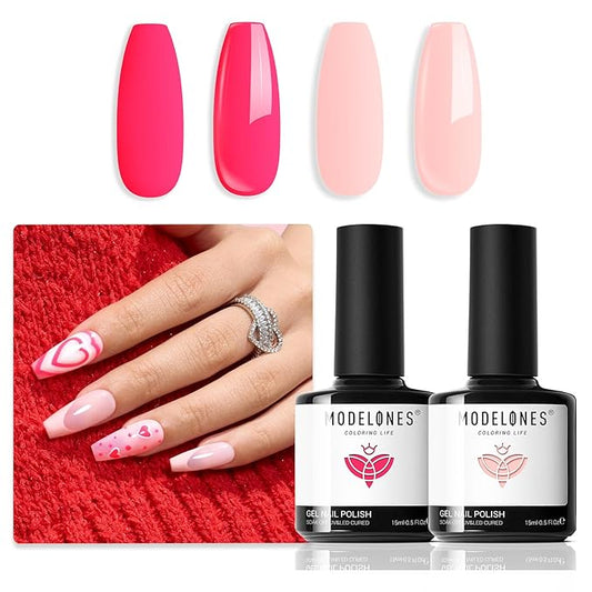 modelones Gel Nail Polish Set 2 PCS 15 ML Hot Pink Neon Vibrant Fluorescent Gel Nail Polish Soak Off UV Hot Pink Nail Art DIY Manicure At Home For Women Girls