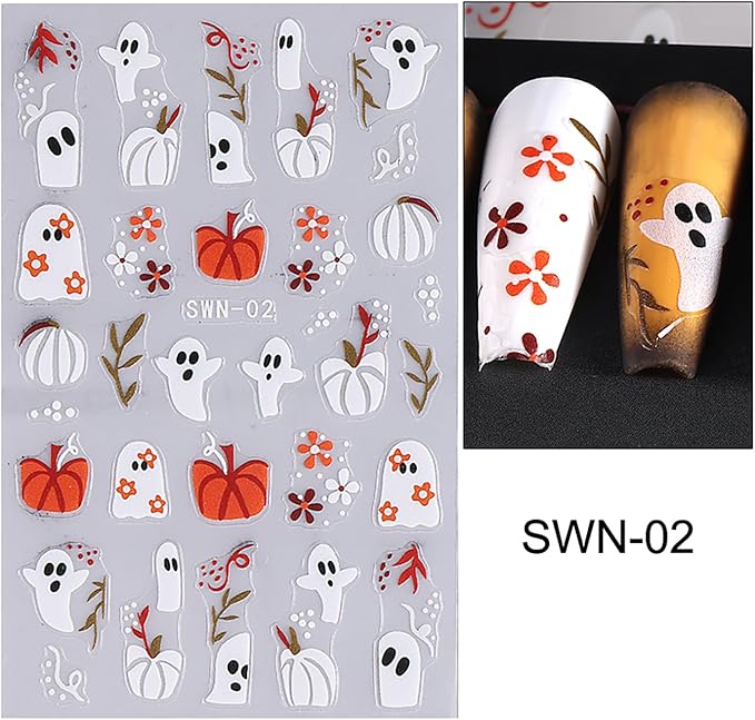 Halloween Nail Art Stickers, Cute Ghost Nail Art Decals 3D Self-Adhesive Skull Pumpkin Black Cat Flower Nail Design 4Pcs Halloween Nail Art Supplies for Women Nail Decoration