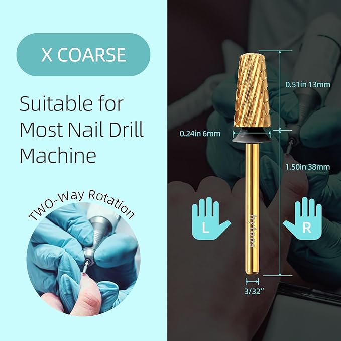 Safety Carbide Tapered Nail Drill Bits,Titanium Coating Round Top 3/32 Manicure Bit, Two-way Rotate for Both Hand, Nails Accessories Thick Gel Remover Tool (XC, titanium)