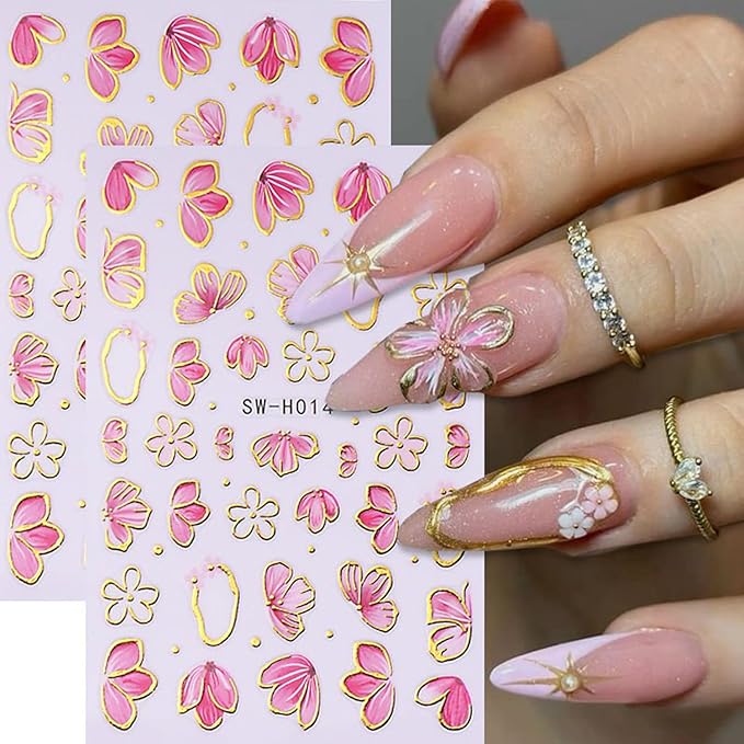 Flower Nail Art Stickers Decals,Colorful Petal Gold Line Nail Stickers for Nail Art Pink Floral Plant Nail Design Flowers Sticker for Nails Spring Manicure DIY for Women Nail Decor Accessories 4PCS