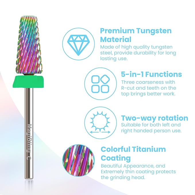 Professional 5 in 1 Tapered Nail Drill Bits, 3/32'' Safety Tungsten Carbide Bits, Remove Hard Gel Fast, Left & Right Hand Use, Easy for Beginner, Technicians Bits, Coarse.
