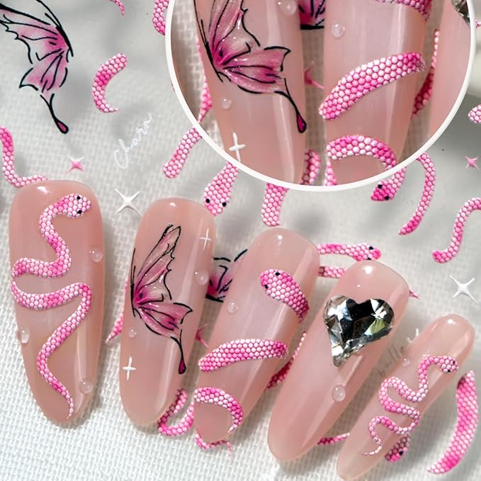 Pink Snake Nail Stickers Butterfly Nail Art Stickers 3D Self-Adhesive Snake Butterfly Star Design Nail Decals Halloween Acrylic DIY Nails Decoration Accessories for Women Holiday Nails