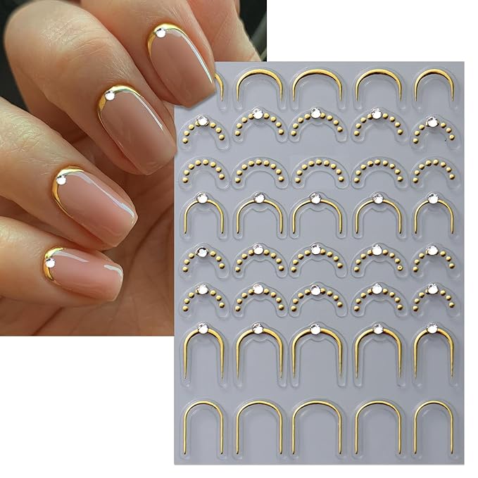 Rhinestone Studded French Line Nail Art Stickers - Shiny Gold Self-Adhesive Multiple Thicknesses and Radians Stripes, Curved Stripes Nail Decals, French Tips Guides for DIY Manicure (5 Sheets)