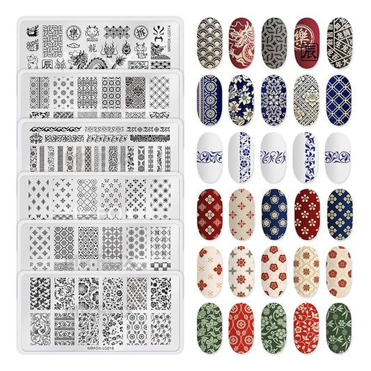 6 Pcs Nail Plates Stamping Set Dragon Patterned Chinese Traditional Decoration Style Nail Art DIY Stamping Template