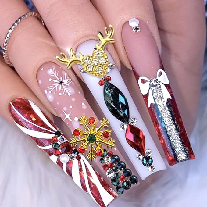 17Pcs Christmas Nail Charms Gold 3D Alloy Reindeer Snowflake Santa Claus Nail Art Charms Shiny Red Green Nail Rhinestones Bling Winter Nail Gems Xmas Gift Nail Supplies for Women Luxury Crystal DIY