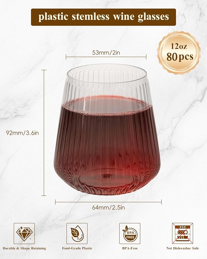 Goodluck 80 Pack 12oz Stemless Plastic Wine Glasses – Clear Ribbed Cups | - Image 2