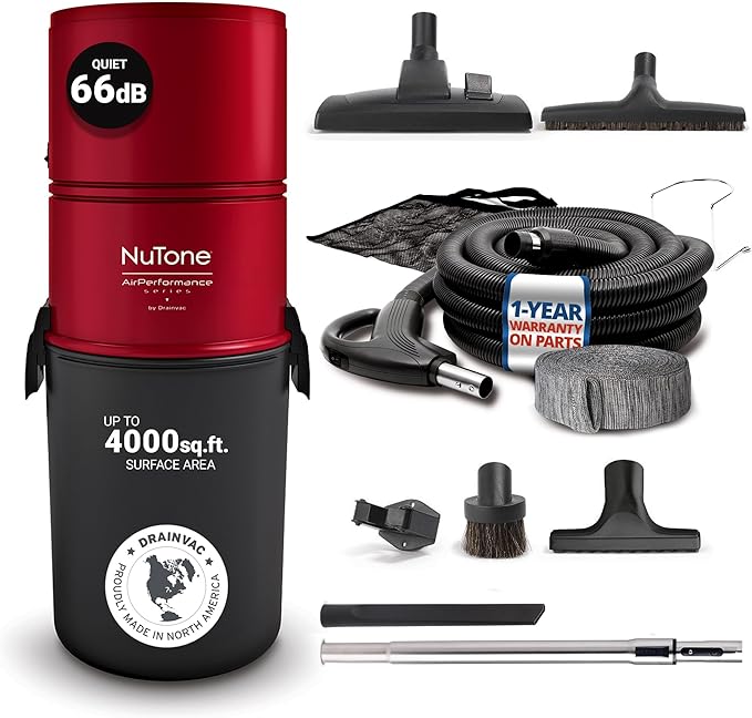 Drainvac Broan-nutone 550 Air watts Central Vacuum System and Deluxe Multi-Surface Tool Set for Cleaning Floors,Carpets, Anti-Vibration, Powerful Suction