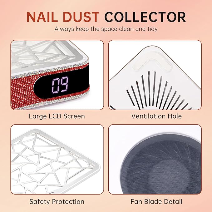 Nail Dust Collector, Powerful Vacuum Fan Vent Dust Collector Extractor Dust Suction Machine for Acrylic Nails Polishing, Nail Salon, Red Diamond