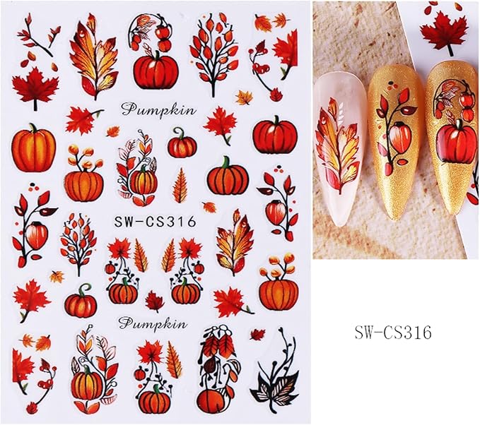 Fall Nail Art Stickers Decals 6Pcs Pumpkin Maple Leaves Nail Decals 3D Self-Adhesive Autumn Fallen Leaves Nail Stickers Cute Harvest Thanksgiving Day Manicure Sliders for Women Nails Art Decorations