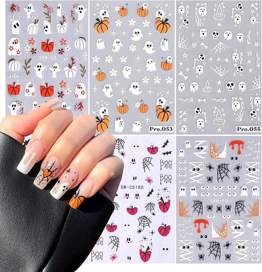 6 Sheets Halloween Nail Art Stickers,3D Cute Nail Decals White Ghost DIY Nail Tips Sticker for Halloween Party, Skull Pumpkin Star Ghost Bat Spider Web Self-Adhesive Designs Manicure Decorations