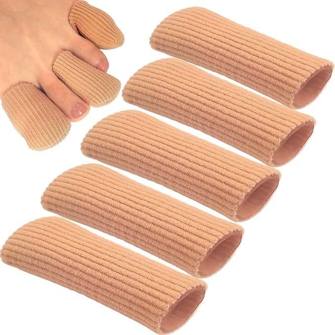 Chiroplax Toe Caps Sleeves Cushions Protectors Tubes Fabric & Gel Lining Finger Toe Separator for Bunion, Hammer Toe, Callus, Corn, Blister (Small, 5 Pack)