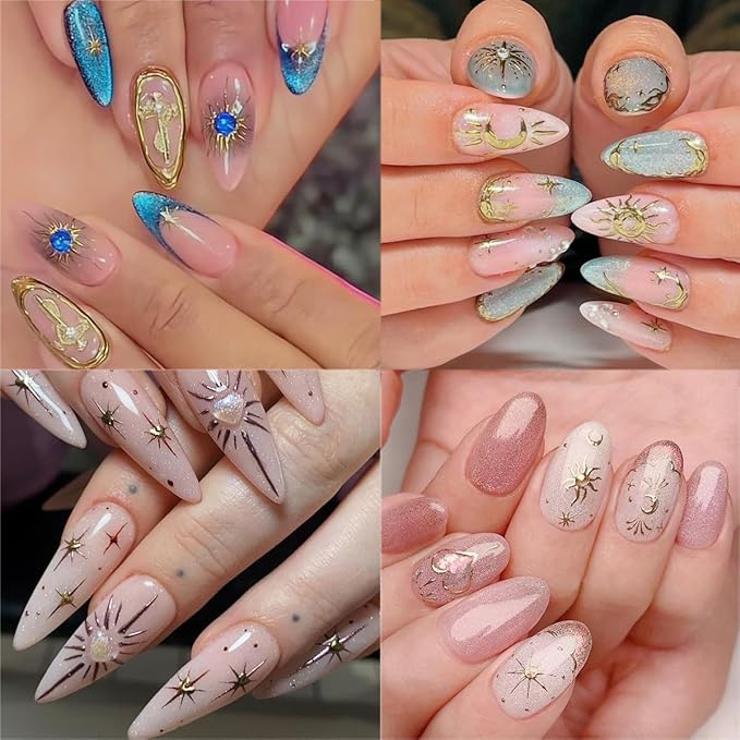 3 Sheets Star Moon Nail Stickers 5D Embossed Gold Stars Nail Art Stickers Shiny Star with Diamond Love Heart Sun Self-Adhesive Designs Chrome Nail Decals for Women DIY Decor Accessories